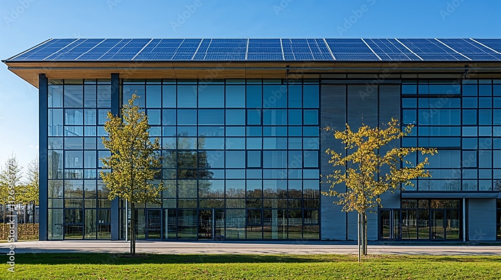 Solar-powered glass building in green landscape Solar-powered glass building in green landscape