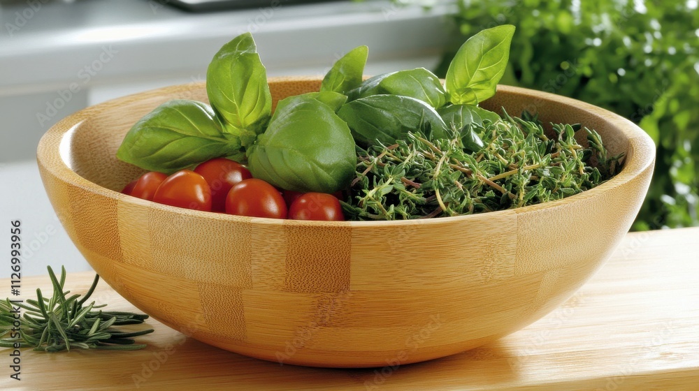 Fresh Basil and Thyme with Juicy Cherry Tomatoes in a Wooden Bowl, Perfect for Healthy Cooking and Vibrant Culinary Presentation in a Modern Kitchen Setting Fresh Basil and Thyme with Juicy Cherry Tomatoes in a Wooden Bowl, Perfect for Healthy Cooking and Vibrant Culinary Presentation in a Modern Kitchen Setting