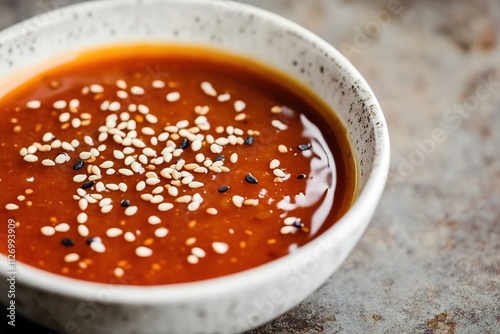 Close-up of spicy tomato soup with sesame seeds