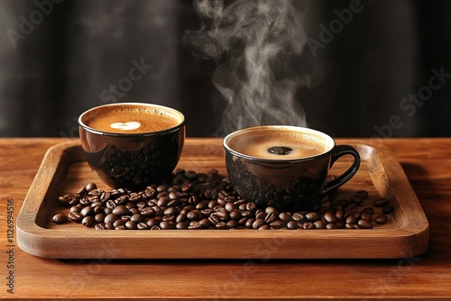 Steaming coffee cups on wooden tray with beans.