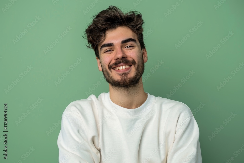 Portrait of a content man in his 20s showing off a lightweight base layer isolated on pastel green background