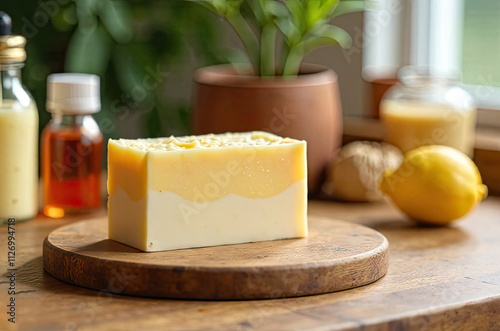 Handmade natural eco soap bar on wooden table with bottles with aromatize, dye and soap base. Gift, present, craft home hygiene. Hobby soap making, home made.