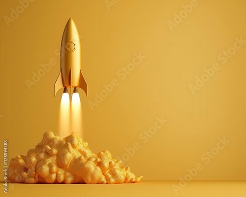 Dynamic visual of a rocket launching into a goldtinted sky, Economic windfall, Skyrocketing prosperity photo