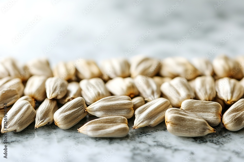 row of sunflower seeds scattered on marble row of sunflower seeds scattered on marble