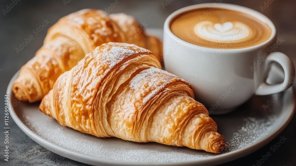 Freshly Baked Croissants and Coffee in a Cozy Cafe Setting, Perfect for Breakfast or Afternoon Snack, Evoking Warmth and Culinary Delight Freshly Baked Croissants and Coffee in a Cozy Cafe Setting, Perfect for Breakfast or Afternoon Snack, Evoking Warmth and Culinary Delight