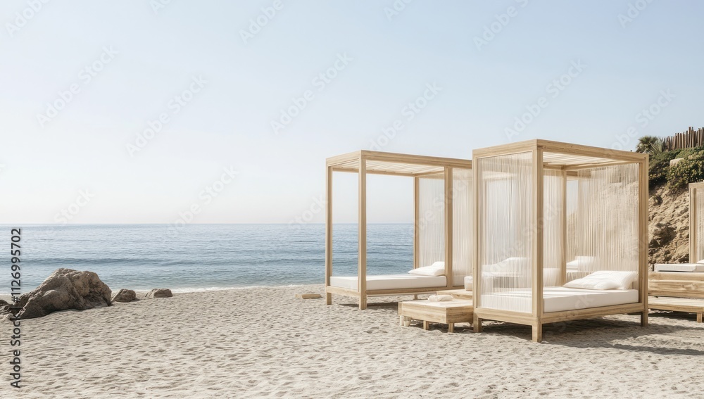 Fototapeta premium Beachside cabanas on a sandy shore with a calm ocean backdrop.