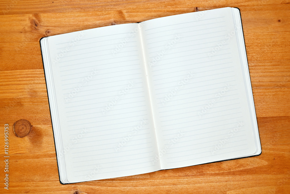 Notebook on office desk, open diary with blank white pages for text mockup Notebook on office desk, open diary with blank white pages for text mockup