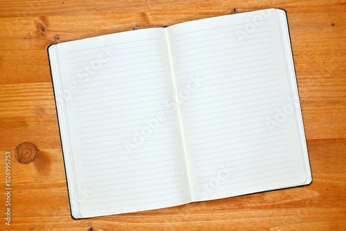 Notebook on office desk, open diary with blank white pages for text mockup