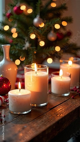 Handmade natural eco flaming candle on a Christmas background. Gift, present, craft for New Year and Christmas. Hobby candle making, home made. photo