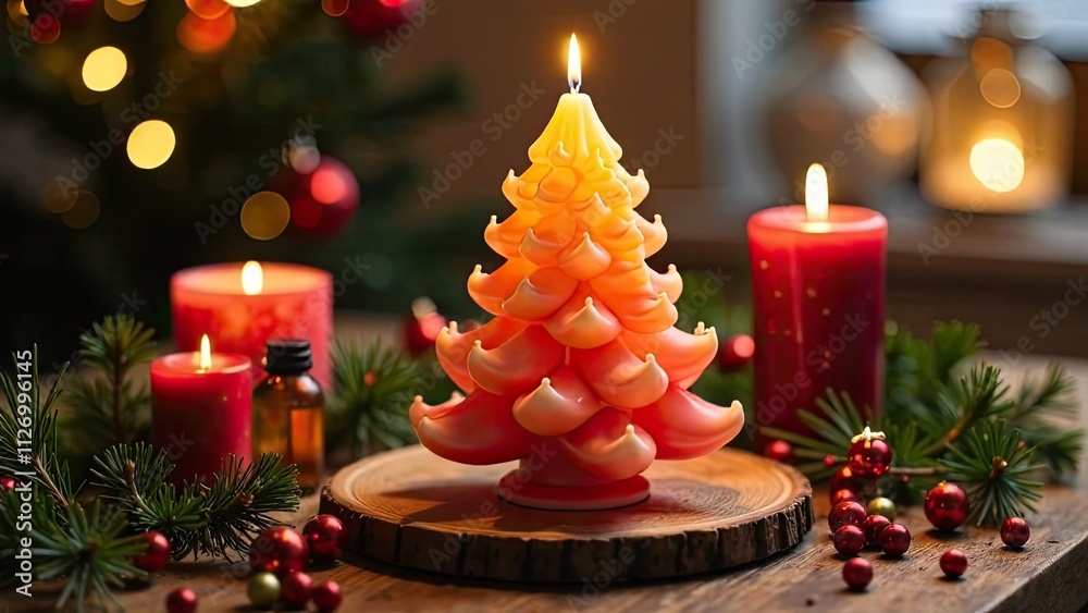 Handmade candle in form of Christmas tree on a Christmas background. Gift, present, craft for New Year and Christmas gift. Hobby candle and soap making, home made. Handmade candle in form of Christmas tree on a Christmas background. Gift, present, craft for New Year and Christmas gift. Hobby candle and soap making, home made.