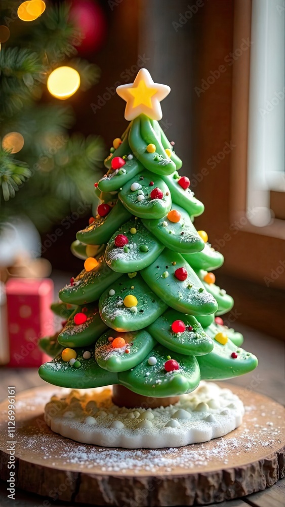 Handmade candle in form of Christmas tree on a Christmas background. Gift, present, craft for New Year and Christmas gift. Hobby candle and soap making, home made. Handmade candle in form of Christmas tree on a Christmas background. Gift, present, craft for New Year and Christmas gift. Hobby candle and soap making, home made.