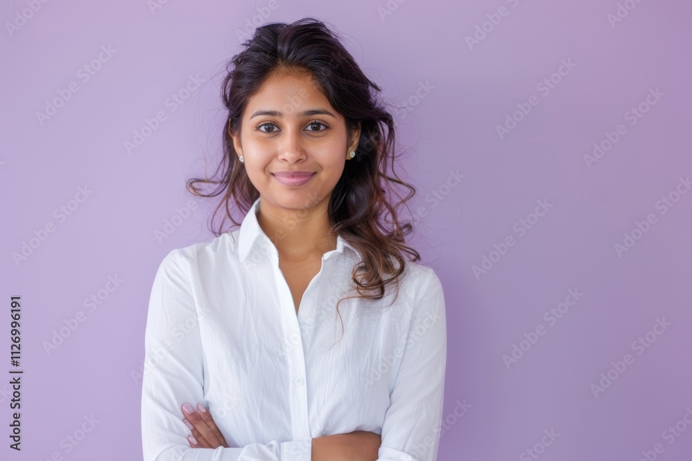 Portrait of a satisfied indian woman in her 30s wearing a classic white shirt in front of pastel purple background Portrait of a satisfied indian woman in her 30s wearing a classic white shirt in front of pastel purple background