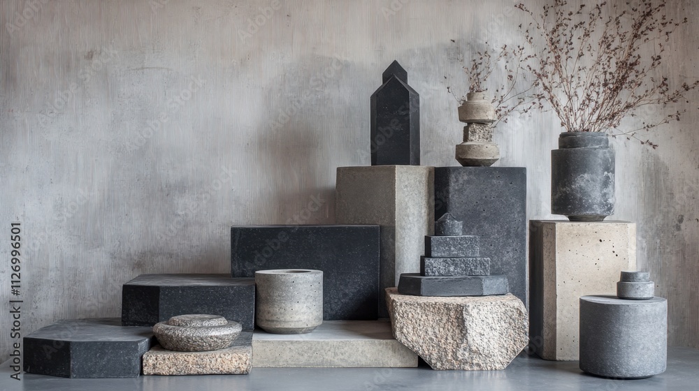Hexagonal display stands styled with industrial concrete decor. Hexagonal display stands styled with industrial concrete decor.