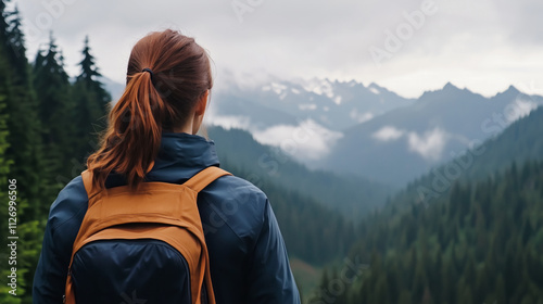 woman in windbreaker on misty mountain trail