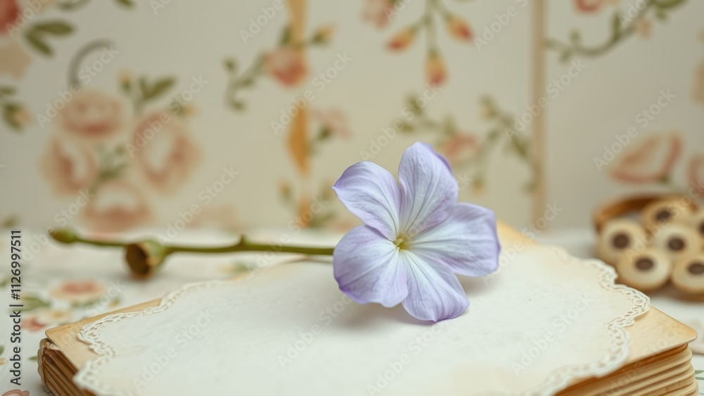 Fototapeta premium A delicate lavender blossom rests gently on an antique album with lace trim, creating a serene and nostalgic scene.