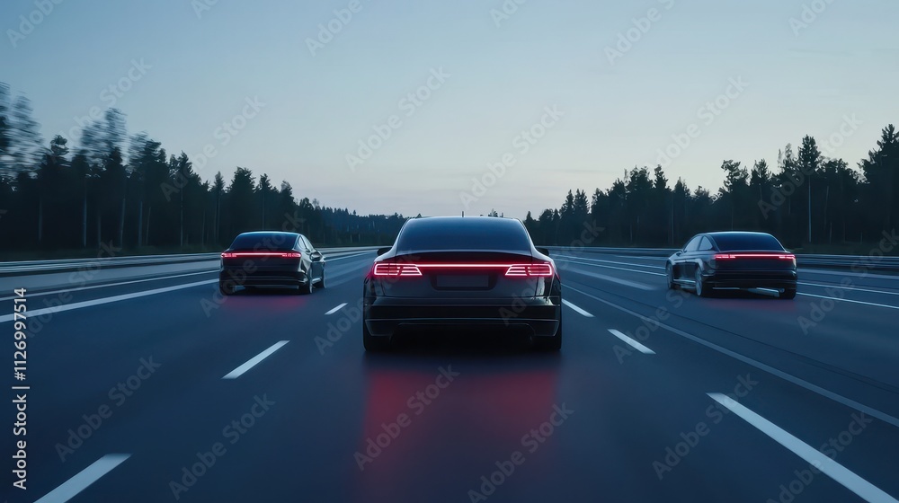 Fototapeta premium Three Modern Cars in Motion on a Highway Surrounded by Trees at Dusk, Featuring Sleek Designs and Futuristic Taillights in a Serene Landscape