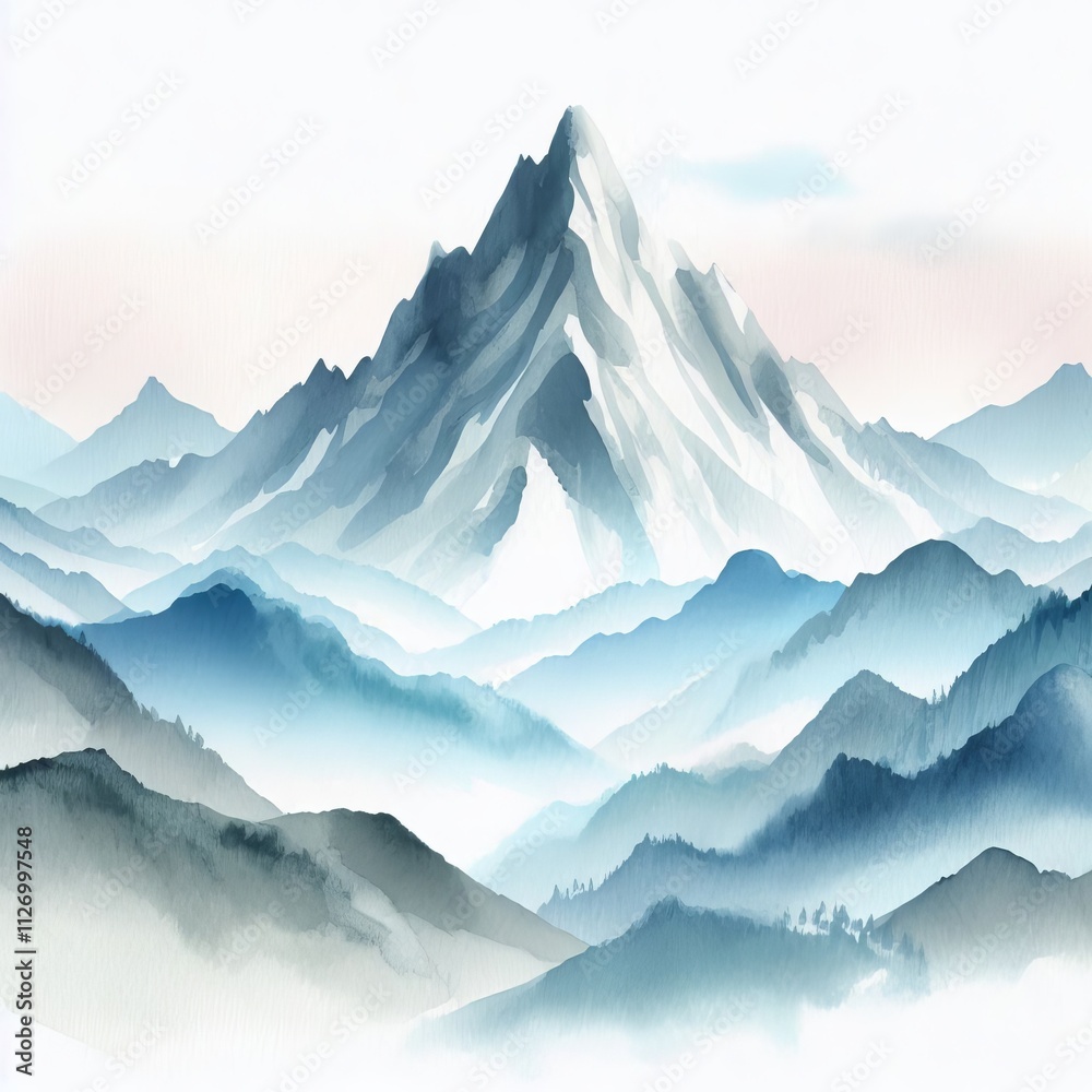 Serene Mountain Range Gentle watercolor washes create a calming Serene Mountain Range Gentle watercolor washes create a calming