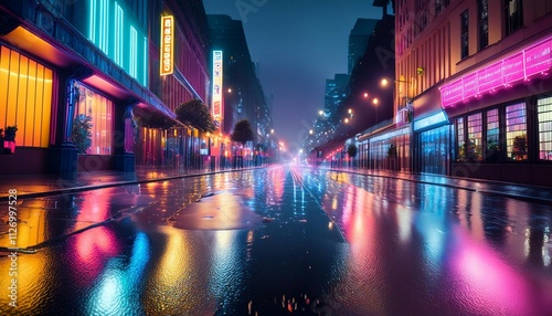 wet city street reflecting colorful neon lights on a rainy night