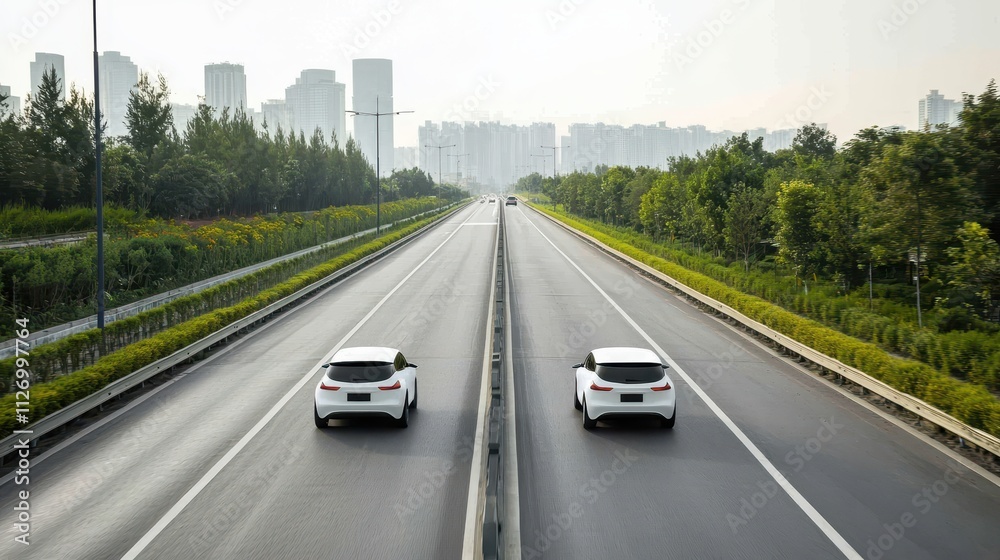 Aerial View of Two Electric Cars Driving on a Modern Highway Surrounded by Lush Greenery and Urban Landscape with Skyscrapers in the Background Aerial View of Two Electric Cars Driving on a Modern Highway Surrounded by Lush Greenery and Urban Landscape with Skyscrapers in the Background