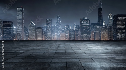 A nighttime city skyline with a dark, empty foreground and illuminated buildings.