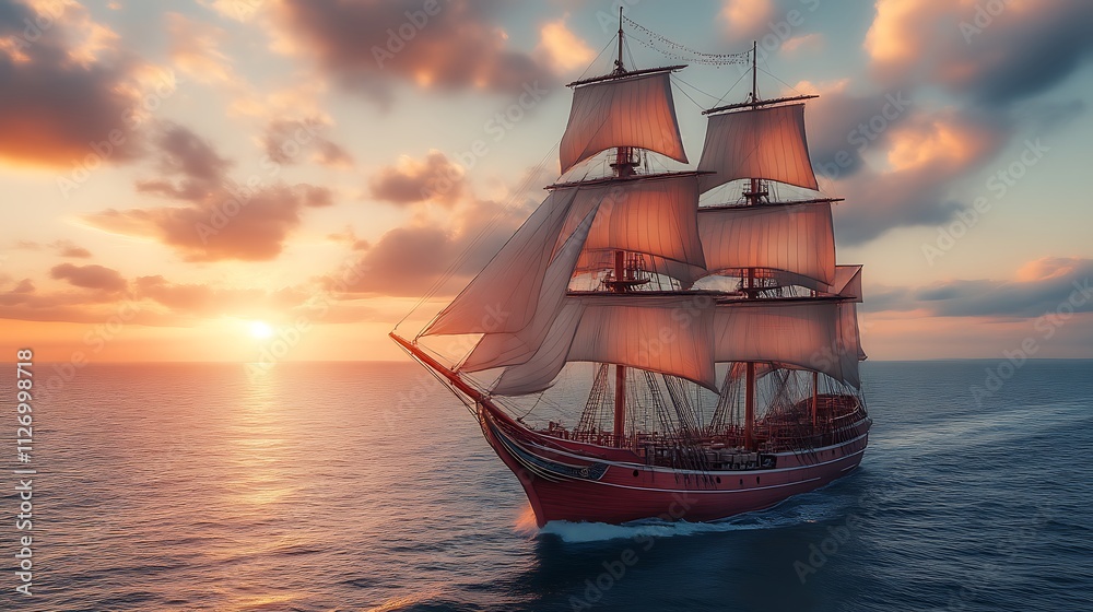 Majestic Tall Ship Sailing at Sunset Over Ocean Waves Majestic Tall Ship Sailing at Sunset Over Ocean Waves