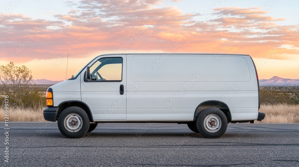 A side view of a white cargo van parked on a road with a scenic sunset backdrop. A side view of a white cargo van parked on a road with a scenic sunset backdrop.