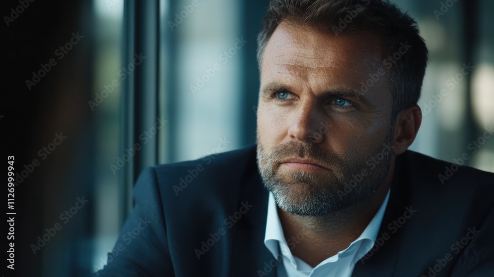 A man in a suit is looking out the window with a serious expression on his face A man in a suit is looking out the window with a serious expression on his face