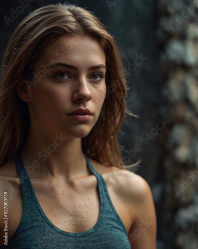 Portrait of a young woman with natural beauty, wearing a blue tank top, looking thoughtful in a photo Studio