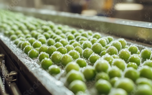 Flash-Frozen Green Peas: A Cascade of Vibrant Green on a Conveyor Belt, Ready for Winter's Delight! photo