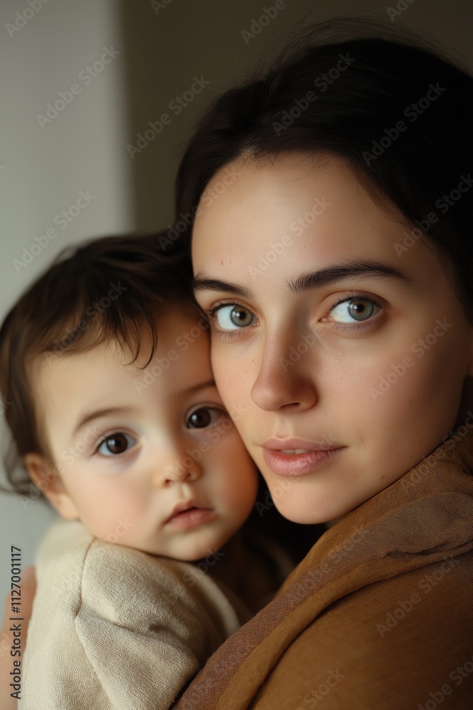 A woman is holding a baby in her arms. The baby is wearing a white shirt. The woman has a greenish-blue eye color A woman is holding a baby in her arms. The baby is wearing a white shirt. The woman has a greenish-blue eye color