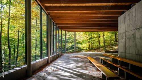 A serene architectural space surrounded by nature  featuring wooden beams and large glass windows.