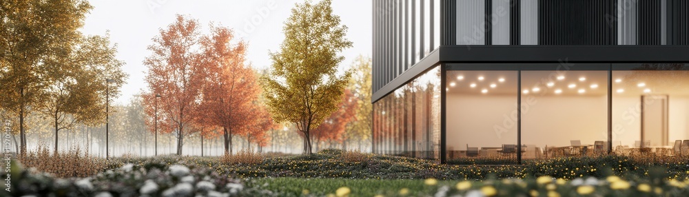 Autumn Landscape with Modern Building and Terrace Autumn Landscape with Modern Building and Terrace