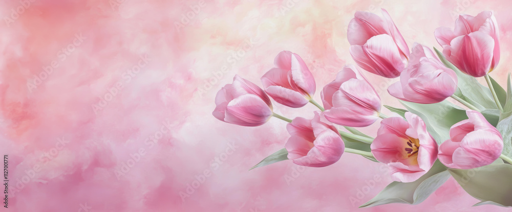 A visually stunning composition of fresh pink tulips arranged in a bouquet against a soft pink textured background, creating a warm and romantic floral image. Copy space A visually stunning composition of fresh pink tulips arranged in a bouquet against a soft pink textured background, creating a warm and romantic floral image. Copy space