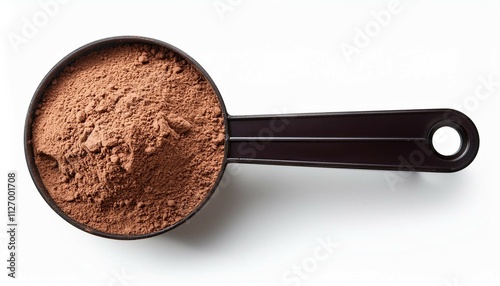 top view of chocolate protein powder scoop isolated on white background with clipping path