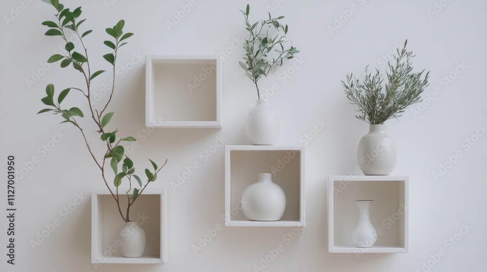 Minimalist cube display shelves styled with ceramic vases. Minimalist cube display shelves styled with ceramic vases.
