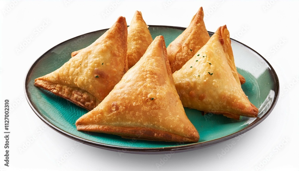 top view of samosa in plate isolated on white background with clipping path top view of samosa in plate isolated on white background with clipping path
