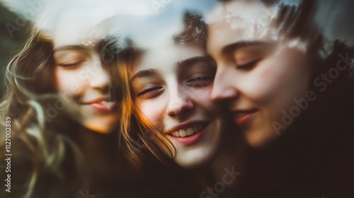 Three Young Women Smiling Together Close Up