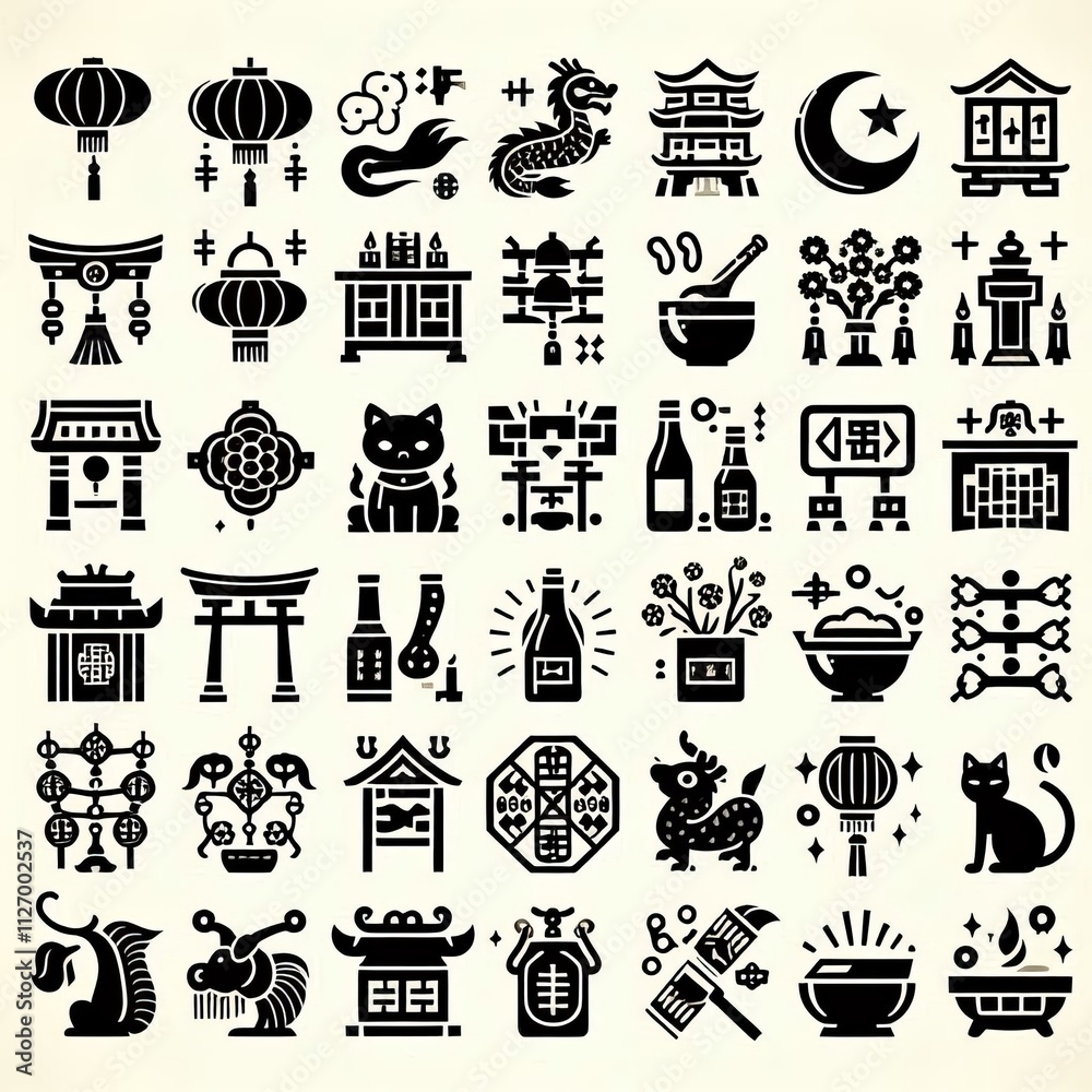 Pictogram style icons representing various Chinese New Year cust Pictogram style icons representing various Chinese New Year cust
