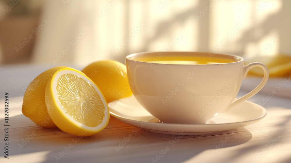 Bright cup of lemon tea with fresh lemons on a wooden table in soft sunlight Bright cup of lemon tea with fresh lemons on a wooden table in soft sunlight