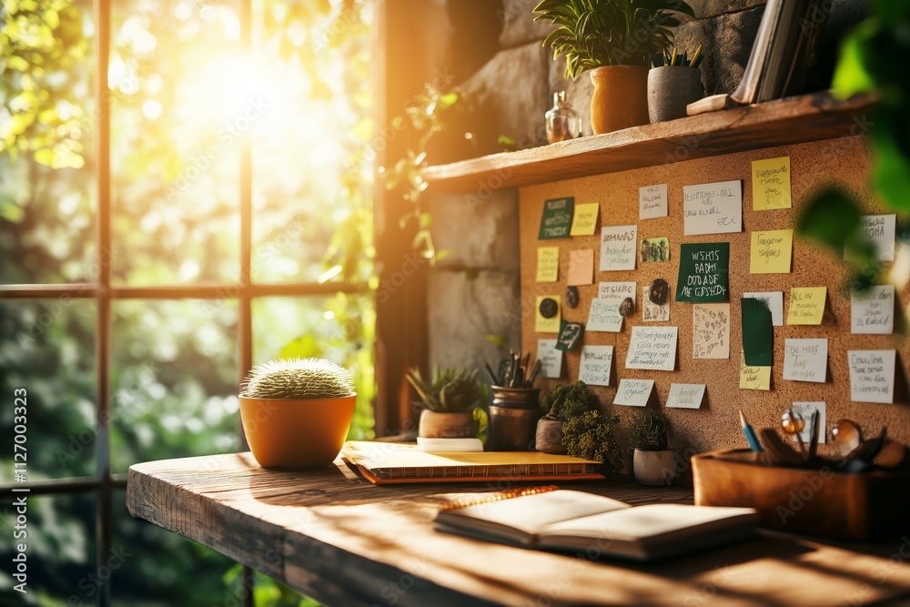 Fototapeta premium A cozy workspace with a vision board filled with colorful sticky notes and goals, surrounded by plants and soft sunlight streaming through a large window