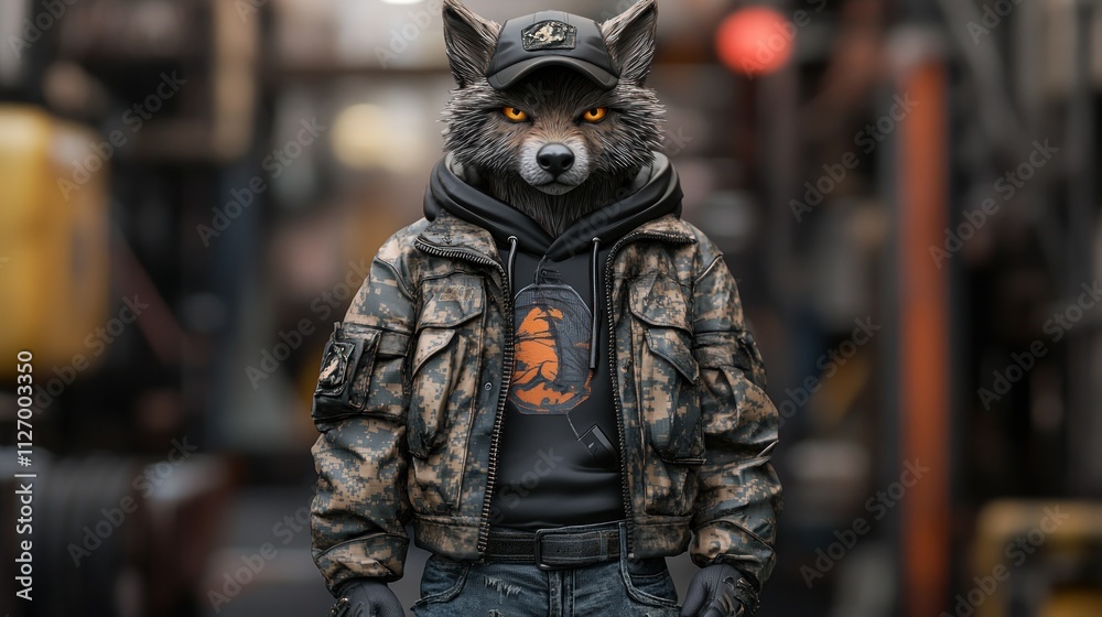 A stylized anthropomorphic wolf wearing a jacket and cap in an industrial setting. A stylized anthropomorphic wolf wearing a jacket and cap in an industrial setting.