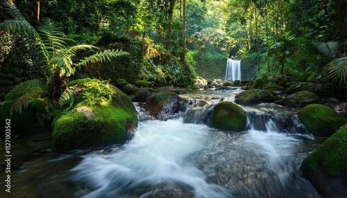 a stunning waterfall in the jungle creates a small river with rapids flowing over dark brown rocks covered in moss surrounded by lush green vegetation and vibrant plants its a serene paradise photo