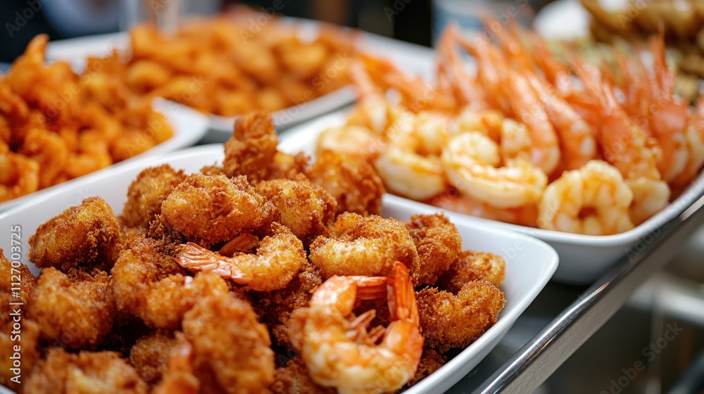 A row of shrimp in paper cups A row of shrimp in paper cups