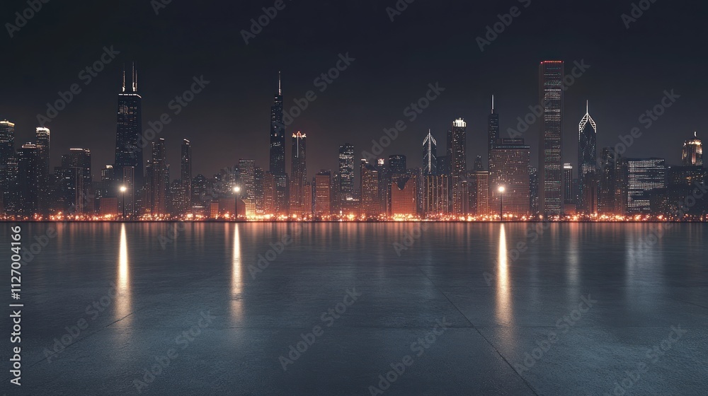 Nighttime city skyline with reflections on a calm surface.