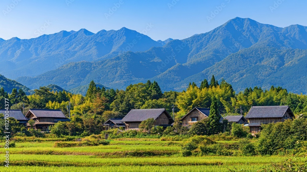 Scenic mountain landscape with traditional houses and lush greenery. Scenic mountain landscape with traditional houses and lush greenery.