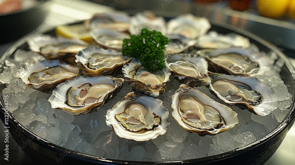 Fresh Oysters on Ice, a dozen open and raw, ready to eat. Delicious gourmet seafood meal. Fresh Oysters on Ice, a dozen open and raw, ready to eat. Delicious gourmet seafood meal.