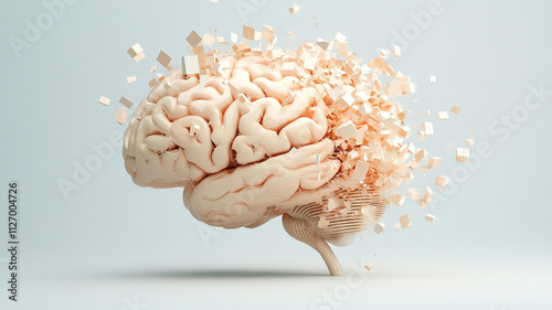 An abstract brain with sections disintegrating into pixelated fragments, showing the mental stagnation caused by overexposure to unchallenging digital content. photo