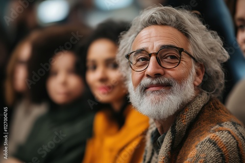 Elderly man with glasses smiles joyfully while attending a social event among a diverse group of people in a warm atmosphere