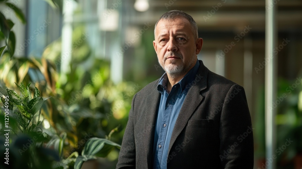 A man stands in a greenhouse surrounded by lush greenery, conveying a sense of calm and nature. A man stands in a greenhouse surrounded by lush greenery, conveying a sense of calm and nature.