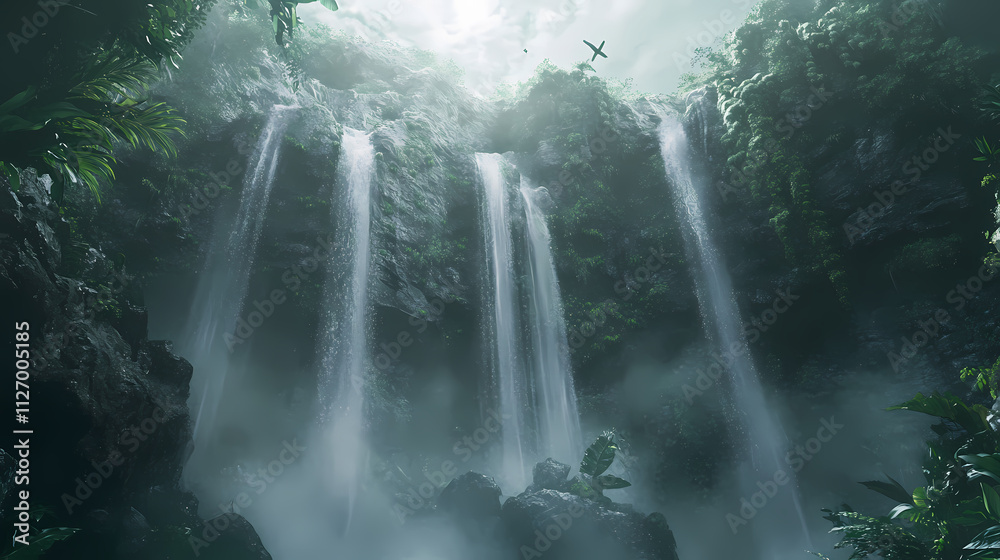 Water cascades down the rugged rock face of tegenungan waterfall, a lush green oasis surrounded by lush tropical jungle and misty rainforest in bali, indonesia. Cascade. Illustration Water cascades down the rugged rock face of tegenungan waterfall, a lush green oasis surrounded by lush tropical jungle and misty rainforest in bali, indonesia. Cascade. Illustration
